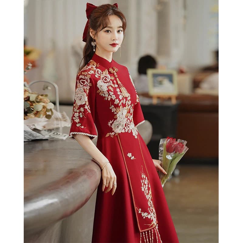 Chinese Style Bridal Toasting Cheongsam Dress Wind Red Traditional Qipao Dress Vintage Wedding Elegant Evening Party Dresses