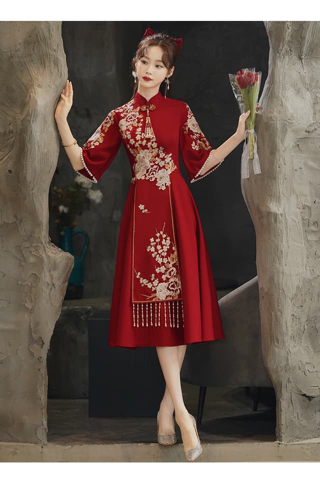 Chinese Style Bridal Toasting Cheongsam Dress Wind Red Traditional Qipao Dress Vintage Wedding Elegant Evening Party Dresses