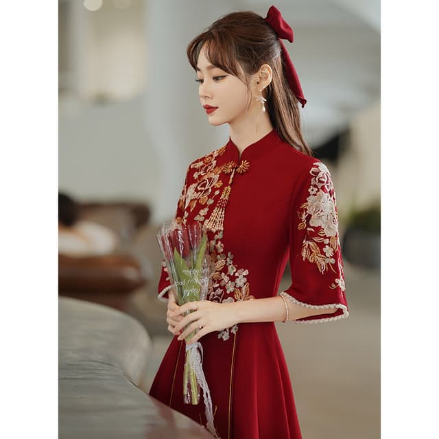 Chinese Style Bridal Toasting Cheongsam Dress Wind Red Traditional Qipao Dress Vintage Wedding Elegant Evening Party Dresses