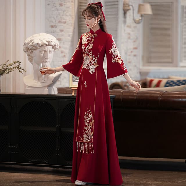Chinese Style Bridal Toasting Cheongsam Dress Wind Red Traditional Qipao Dress Vintage Wedding Elegant Evening Party Dresses