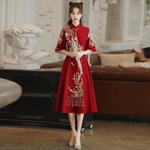 Chinese Style Bridal Toasting Cheongsam Dress Wind Red Traditional Qipao Dress Vintage Wedding Elegant Evening Party Dresses