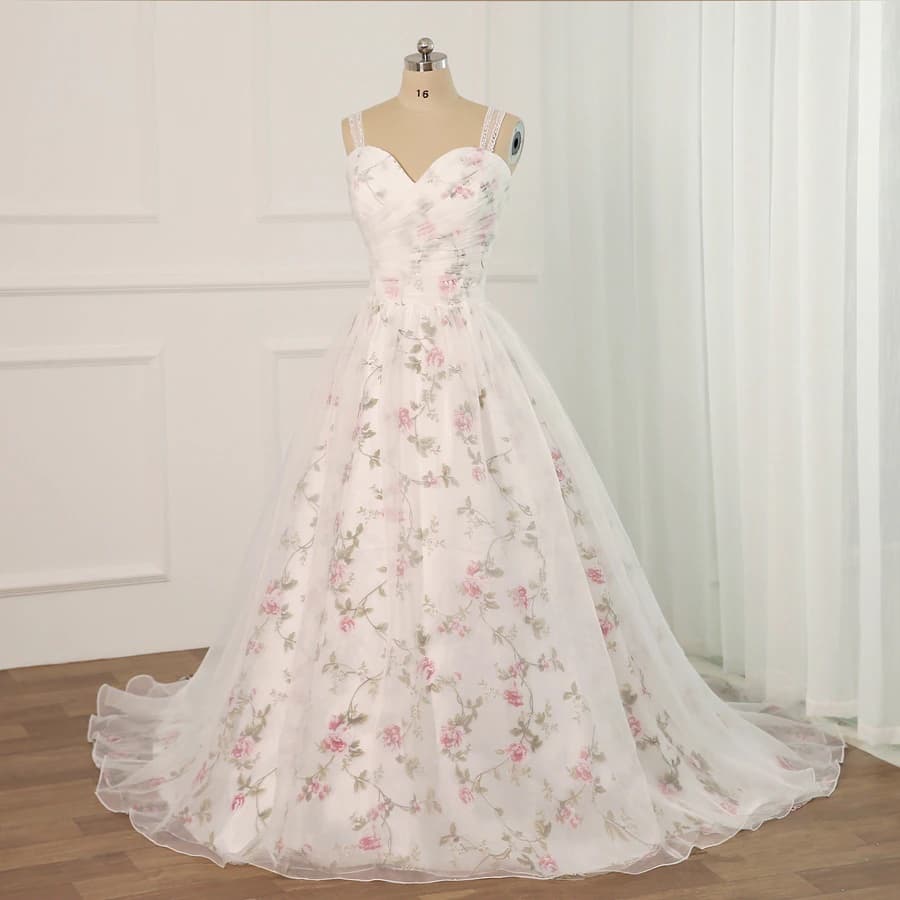 Floral Print Wedding Dress Plus Size Sleeveless Sweetheart Pleats Beading Sequins Robe Mariee Flower Wedding Dresses