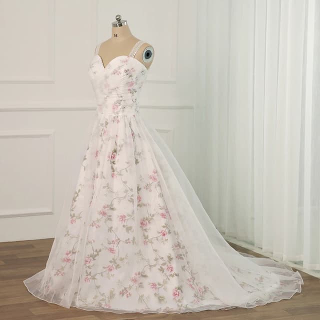 Floral Print Wedding Dress Plus Size Sleeveless Sweetheart Pleats Beading Sequins Robe Mariee Flower Wedding Dresses