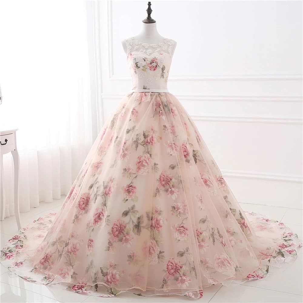 Long Prom Dresses With Lace Applique Printed Floral Formal Evening Party Dress For Women
