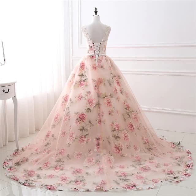 Long Prom Dresses With Lace Applique Printed Floral Formal Evening Party Dress For Women