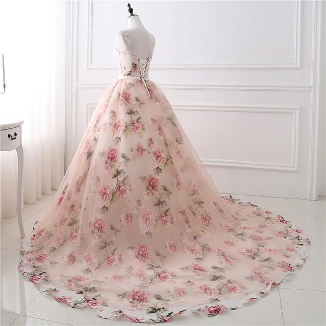 Long Prom Dresses With Lace Applique Printed Floral Formal Evening Party Dress For Women