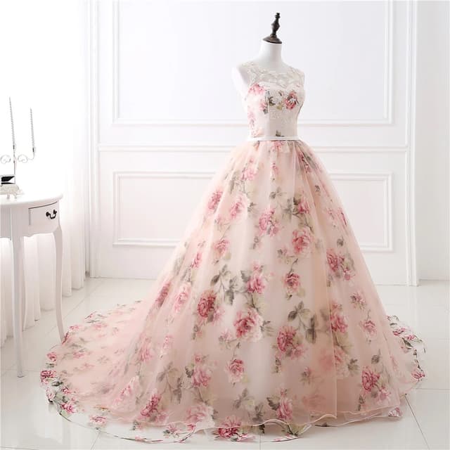 Long Prom Dresses With Lace Applique Printed Floral Formal Evening Party Dress For Women