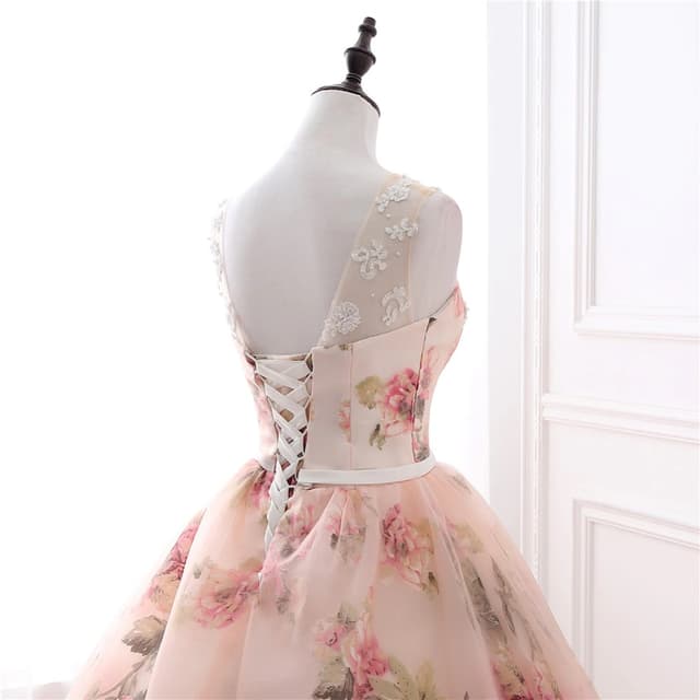 Long Prom Dresses With Lace Applique Printed Floral Formal Evening Party Dress For Women