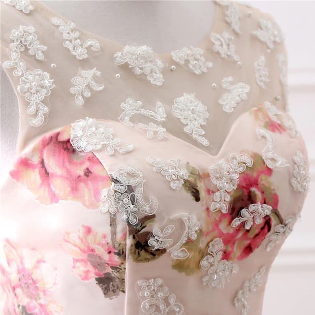 Long Prom Dresses With Lace Applique Printed Floral Formal Evening Party Dress For Women