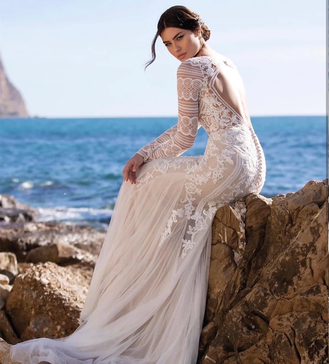 Beach Mermaid Wedding Dress Long Sleeve V-Neck Lace Appliques Sexy Open Back Tulle Bride Gown Train