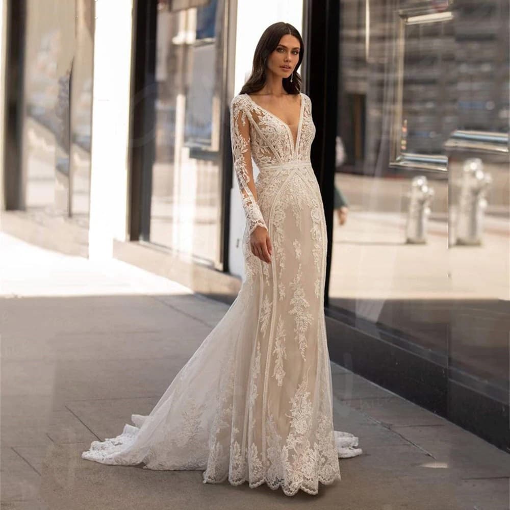 Modern Lace Mermaid Wedding Dress Long Sleeve V-Neck Sexy Illusion Back Bridal Gown Sexy Deep V Neck
