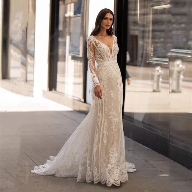 Modern Lace Mermaid Wedding Dress Long Sleeve V-Neck Sexy Illusion Back Bridal Gown Sexy Deep V Neck