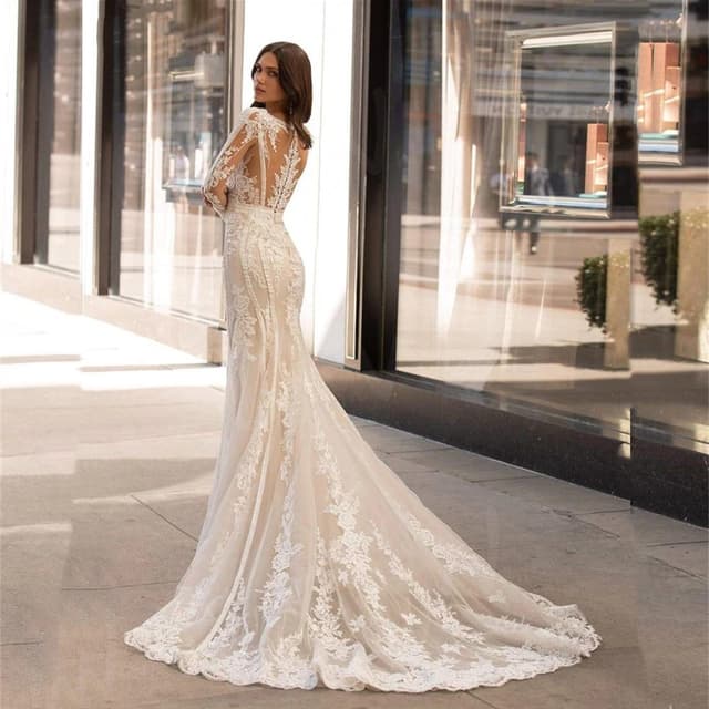 Modern Lace Mermaid Wedding Dress Long Sleeve V-Neck Sexy Illusion Back Bridal Gown Sexy Deep V Neck