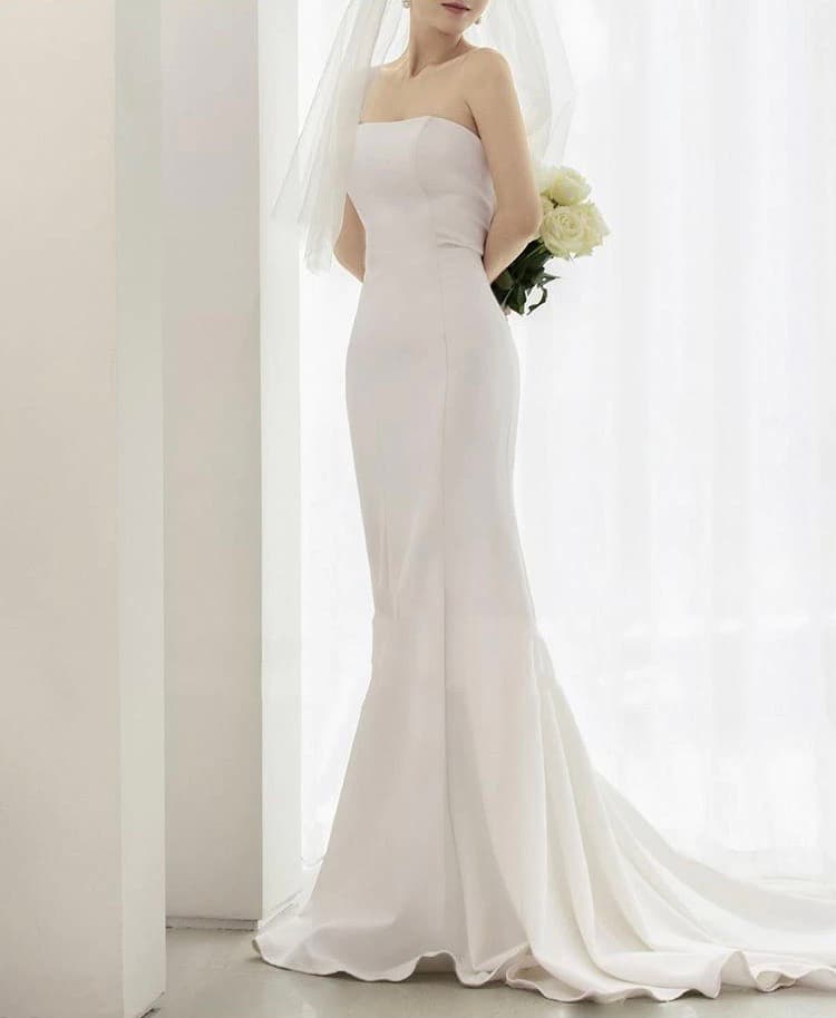 New Mermaid Wedding Dresses Satin Strapless Sleeveless Small Train Vestido De Noiva Simple Fashion Elegant Banquet Dress