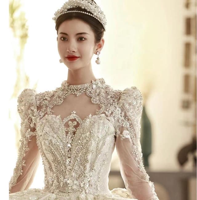 French Royal Palace Style Wedding Dress with Long Trailing Stars
