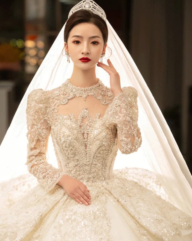 French Royal Palace Style Wedding Dress with Long Trailing Stars