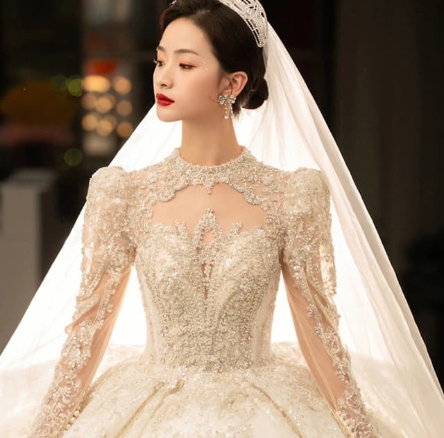 French Royal Palace Style Wedding Dress with Long Trailing Stars