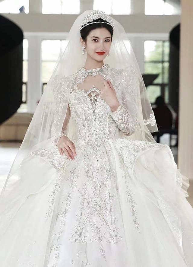 French Royal Palace Style Wedding Dress with Long Trailing Stars