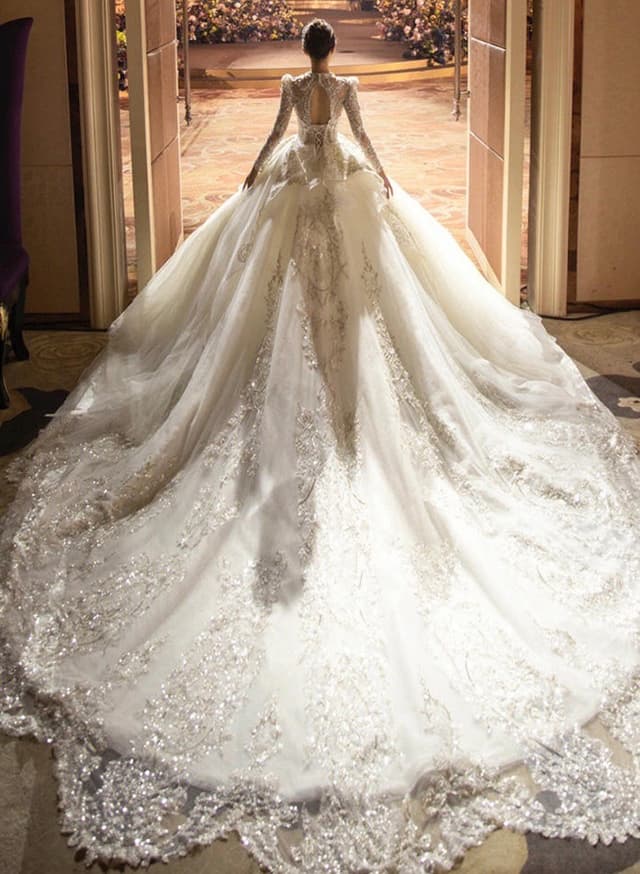 French Royal Palace Style Wedding Dress with Long Trailing Stars