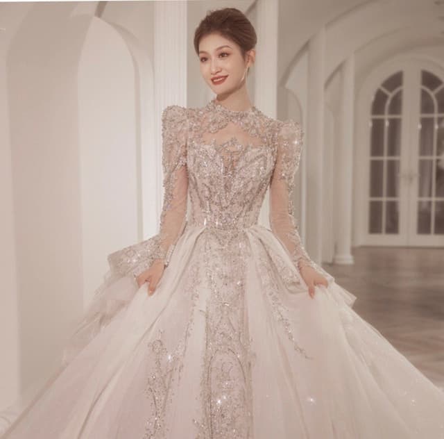French Royal Palace Style Wedding Dress with Long Trailing Stars