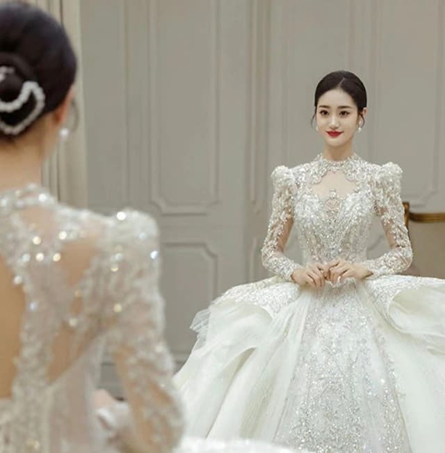French Royal Palace Style Wedding Dress with Long Trailing Stars