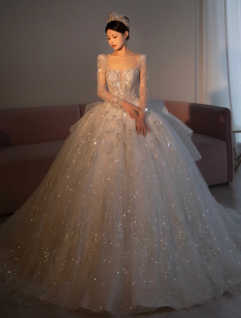 Long Train Celestial Luxury Long Sleeve Lace Handmade Ballgown Wedding Dress Palace Theme
