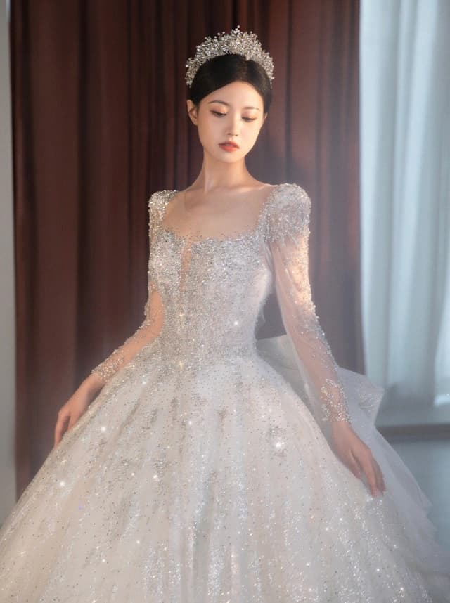 Long Train Celestial Luxury Long Sleeve Lace Handmade Ballgown Wedding Dress Palace Theme