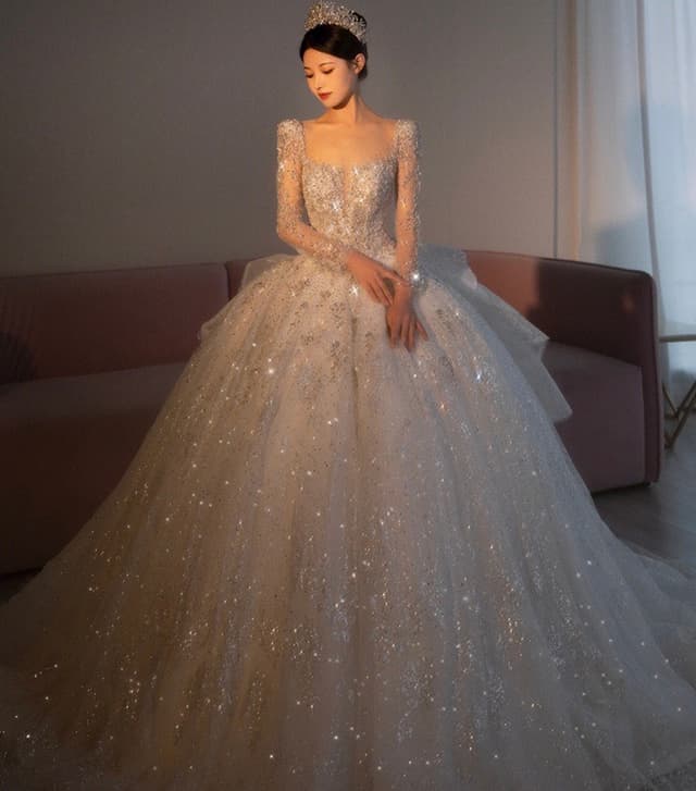 Long Train Celestial Luxury Long Sleeve Lace Handmade Ballgown Wedding Dress Palace Theme