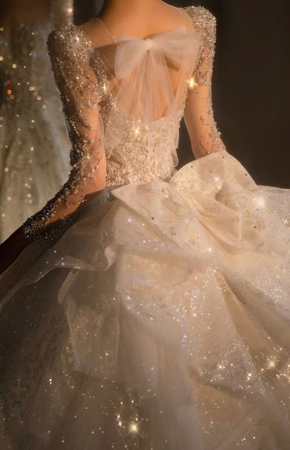 Long Train Celestial Luxury Long Sleeve Lace Handmade Ballgown Wedding Dress Palace Theme