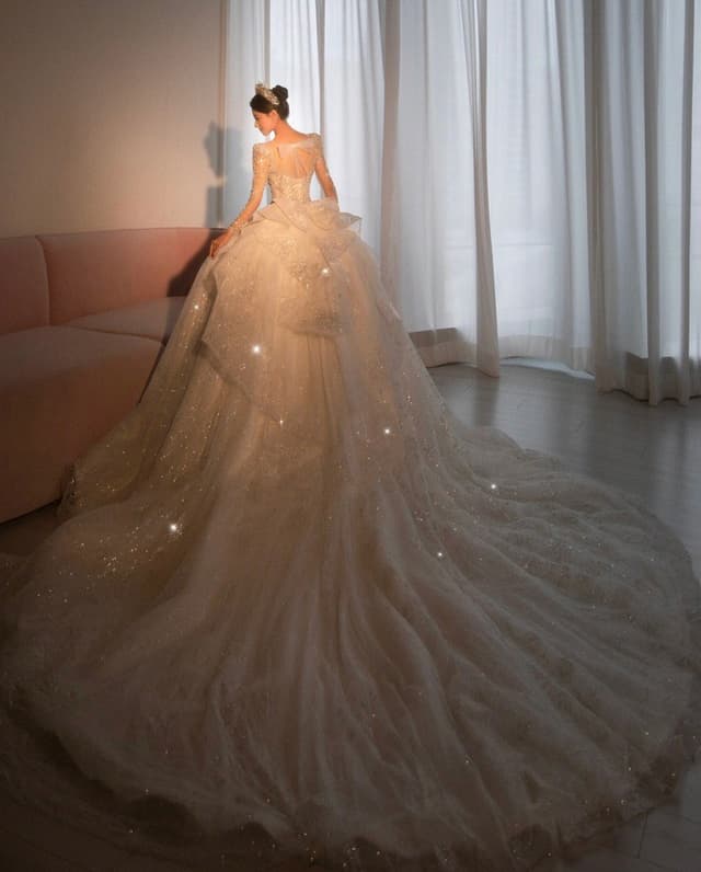 Long Train Celestial Luxury Long Sleeve Lace Handmade Ballgown Wedding Dress Palace Theme