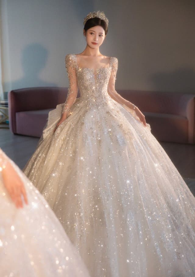 Long Train Celestial Luxury Long Sleeve Lace Handmade Ballgown Wedding Dress Palace Theme