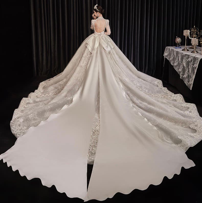 Wedtire Wedding Dress Celestial Long Train With Bow Luxury Long Sleeve Lace Handmade Ballgown Style No. Champs-Elysees Sunset