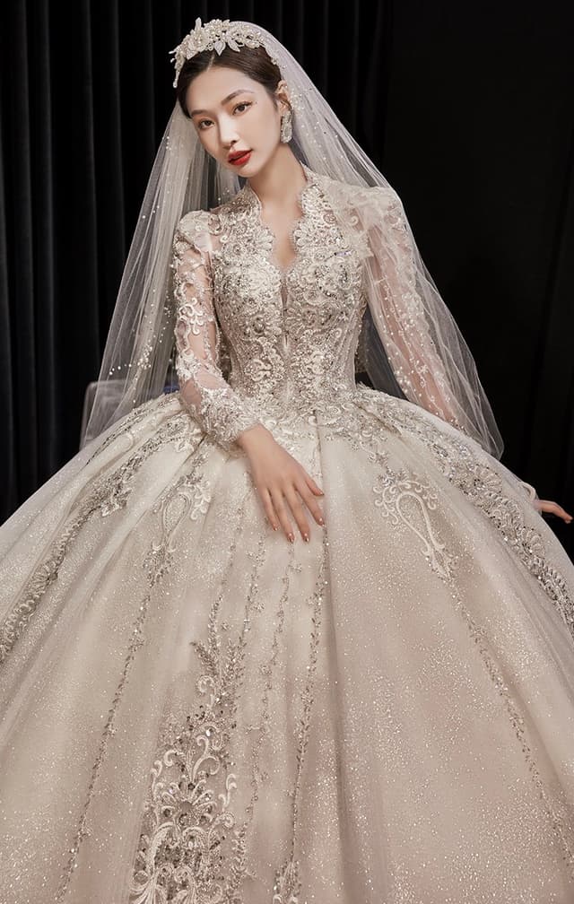 Wedtire Wedding Dress Celestial Long Train With Bow Luxury Long Sleeve Lace Handmade Ballgown Style No. Champs-Elysees Sunset
