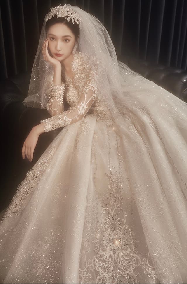 Wedtire Wedding Dress Celestial Long Train With Bow Luxury Long Sleeve Lace Handmade Ballgown Style No. Champs-Elysees Sunset