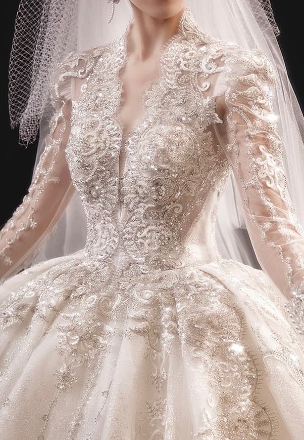 Wedtire Wedding Dress Celestial Long Train With Bow Luxury Long Sleeve Lace Handmade Ballgown Style No. Champs-Elysees Sunset