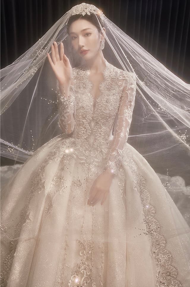 Wedtire Wedding Dress Celestial Long Train With Bow Luxury Long Sleeve Lace Handmade Ballgown Style No. Champs-Elysees Sunset
