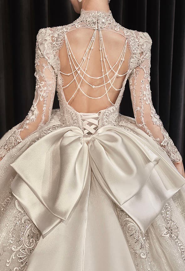 Wedtire Wedding Dress Celestial Long Train With Bow Luxury Long Sleeve Lace Handmade Ballgown Style No. Champs-Elysees Sunset