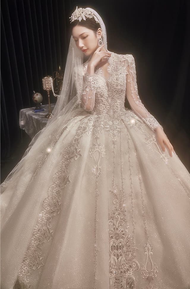 Wedtire Wedding Dress Celestial Long Train With Bow Luxury Long Sleeve Lace Handmade Ballgown Style No. Champs-Elysees Sunset