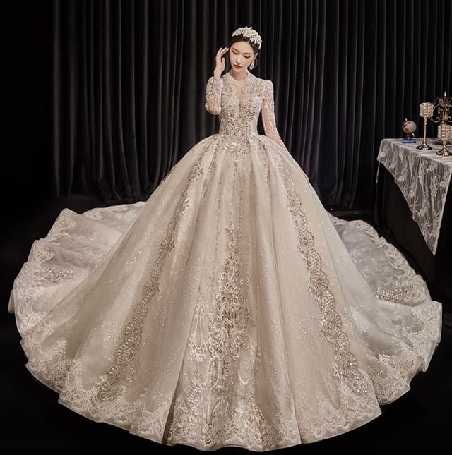 Wedtire Wedding Dress Celestial Long Train With Bow Luxury Long Sleeve Lace Handmade Ballgown Style No. Champs-Elysees Sunset