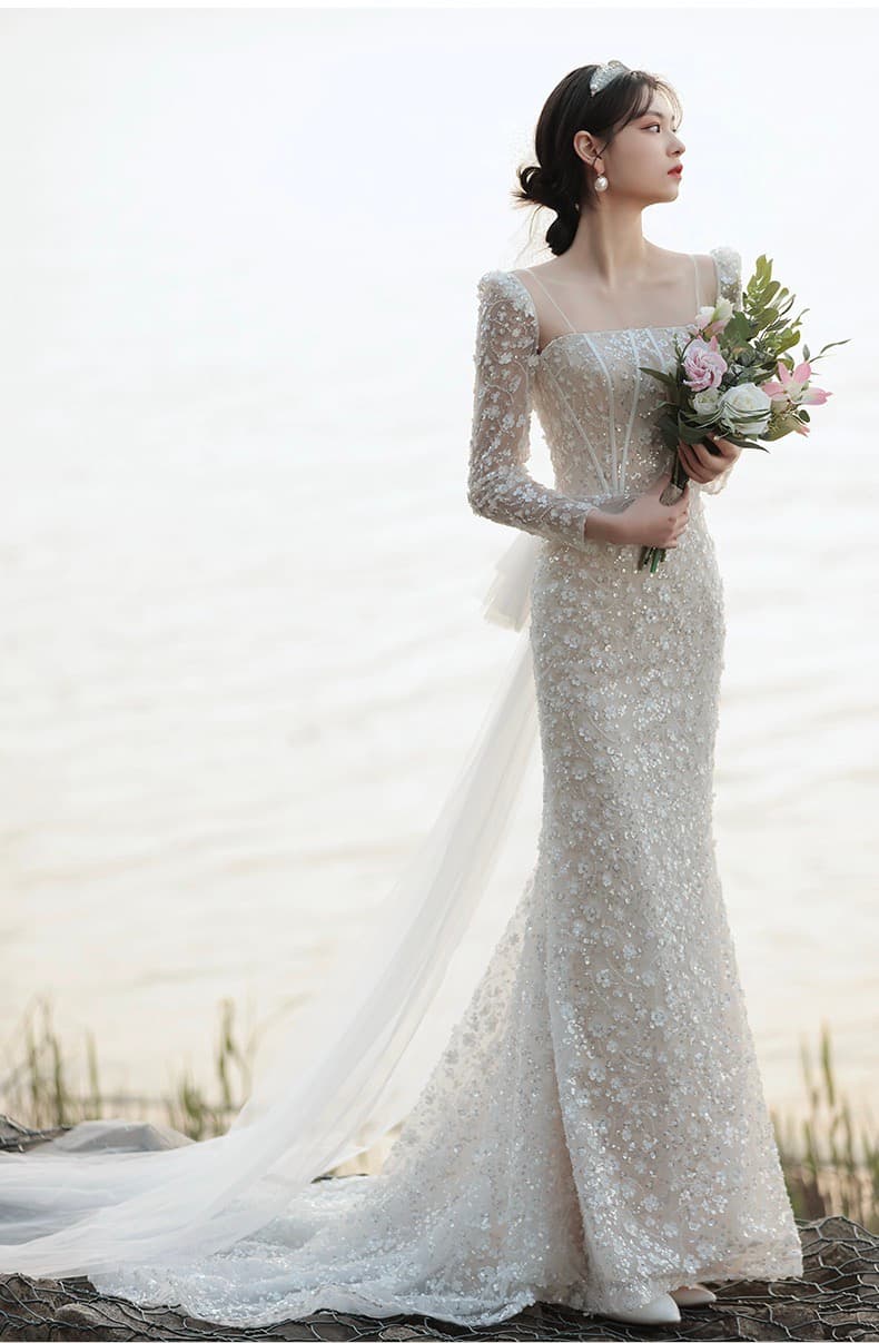 Wedtire Wedding Dress Small Train With Bow Luxury Long Sleeve Lace Handmade Mermaid Style No. Flower and Time