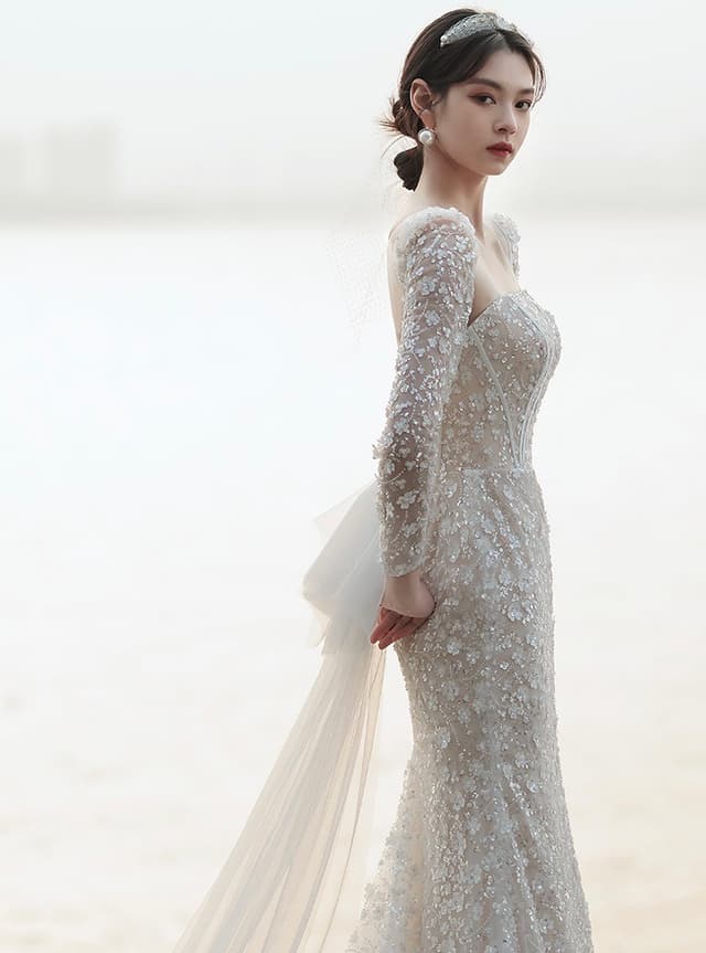 Wedtire Wedding Dress Small Train With Bow Luxury Long Sleeve Lace Handmade Mermaid Style No. Flower and Time