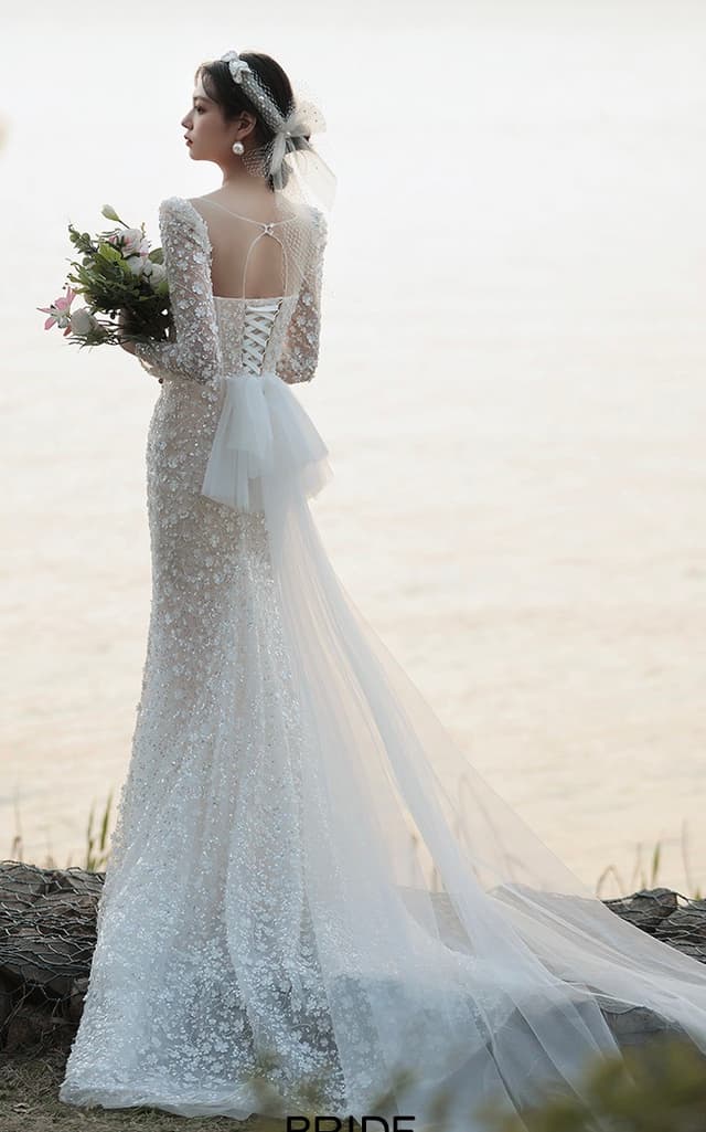 Wedtire Wedding Dress Small Train With Bow Luxury Long Sleeve Lace Handmade Mermaid Style No. Flower and Time