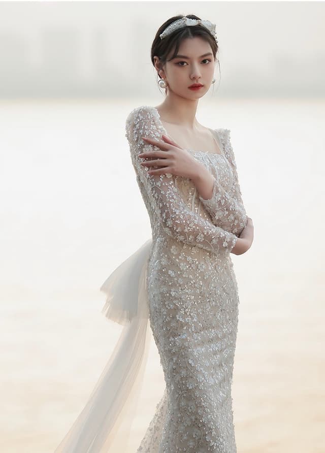 Wedtire Wedding Dress Small Train With Bow Luxury Long Sleeve Lace Handmade Mermaid Style No. Flower and Time