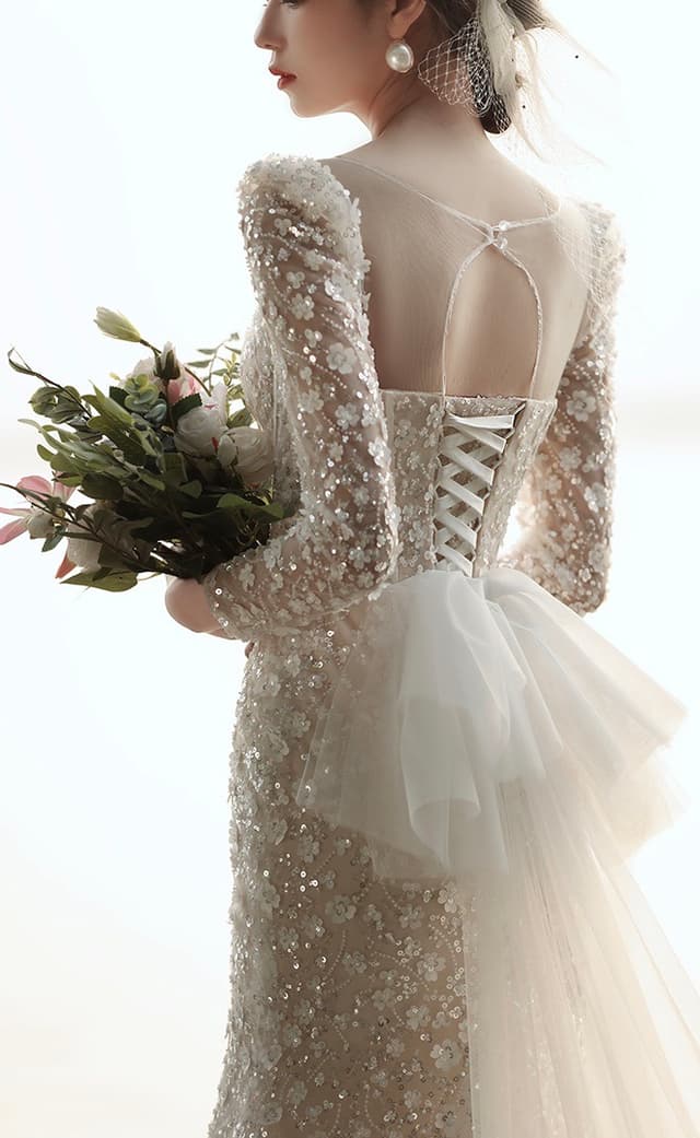 Wedtire Wedding Dress Small Train With Bow Luxury Long Sleeve Lace Handmade Mermaid Style No. Flower and Time