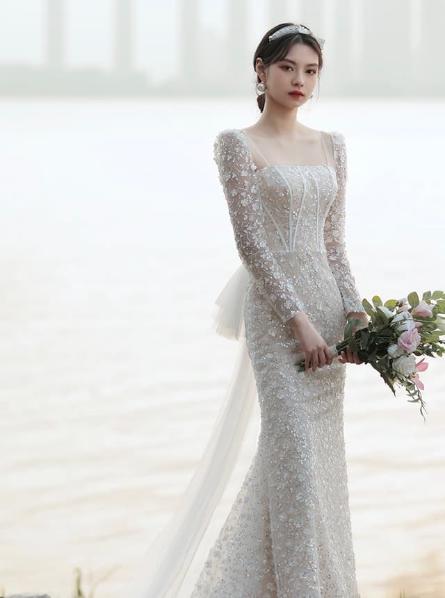 Wedtire Wedding Dress Small Train With Bow Luxury Long Sleeve Lace Handmade Mermaid Style No. Flower and Time