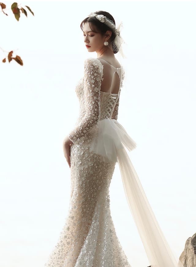 Wedtire Wedding Dress Small Train With Bow Luxury Long Sleeve Lace Handmade Mermaid Style No. Flower and Time