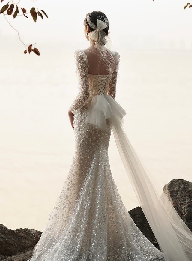 Wedtire Wedding Dress Small Train With Bow Luxury Long Sleeve Lace Handmade Mermaid Style No. Flower and Time
