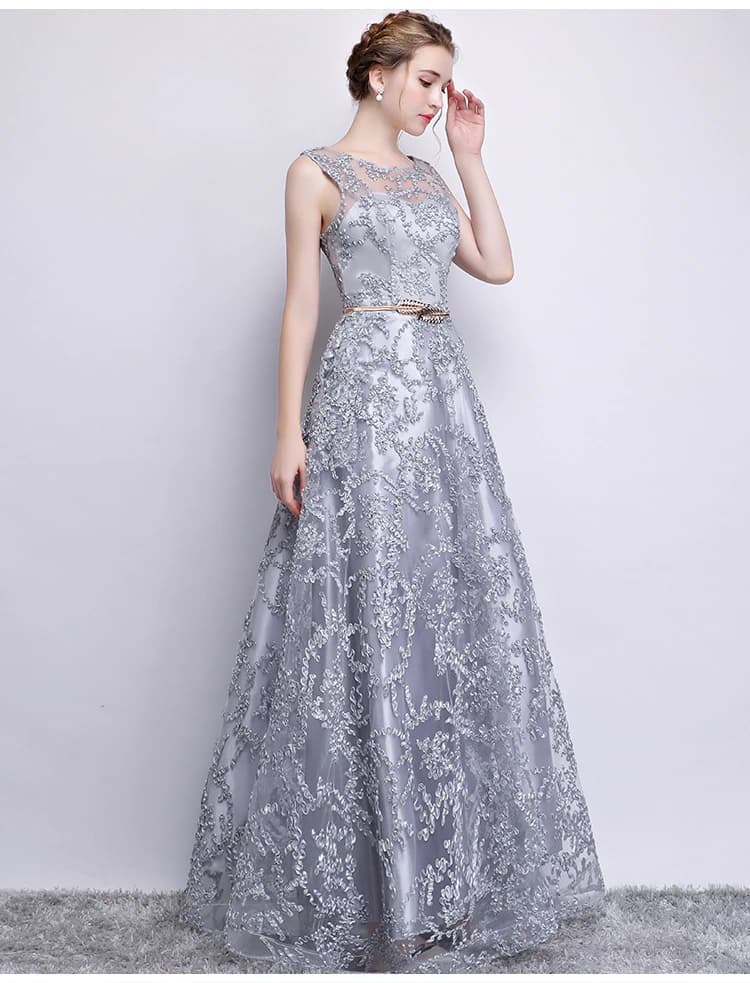 Elegant Banquet Silver Champagne Lace Sleeveless Floor-length Long Party Formal Gown