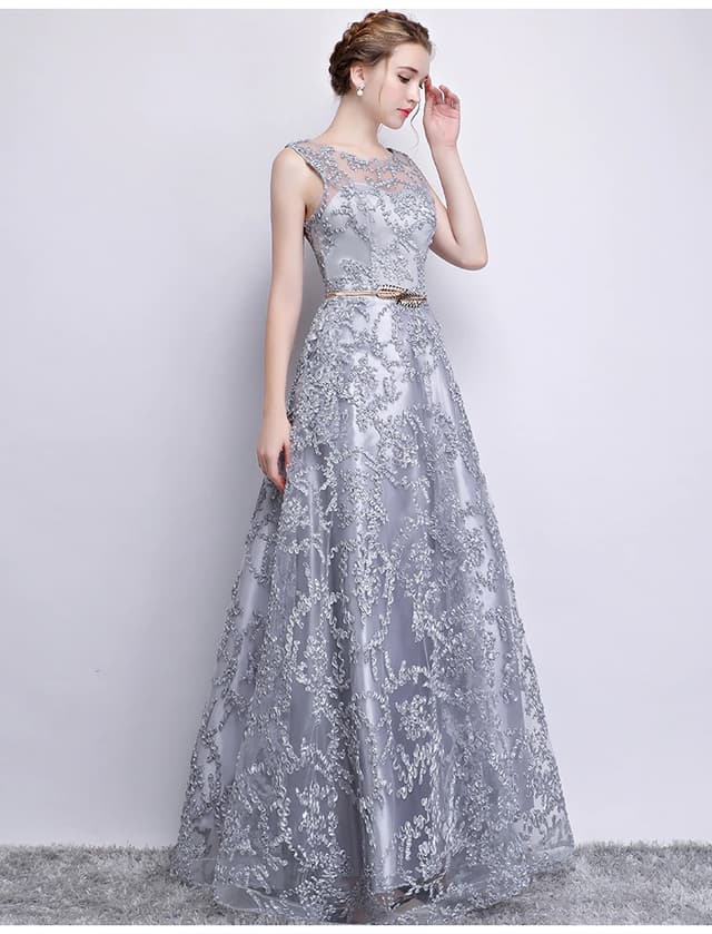 Elegant Banquet Silver Champagne Lace Sleeveless Floor-length Long Party Formal Gown