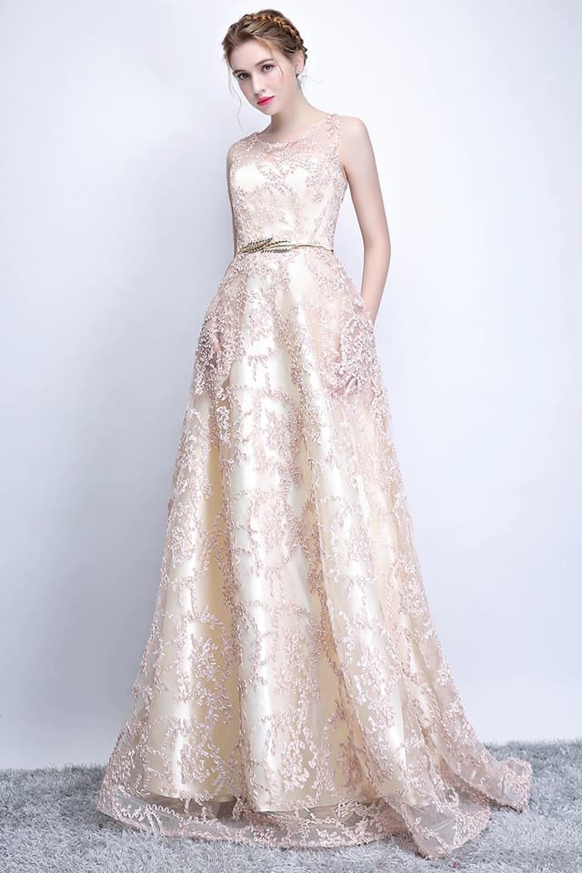 Elegant Banquet Silver Champagne Lace Sleeveless Floor-length Long Party Formal Gown